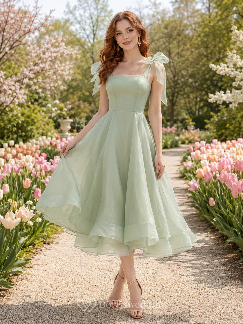 Sage One Shoulder Bow Strap Tulle Garden Midi Dress