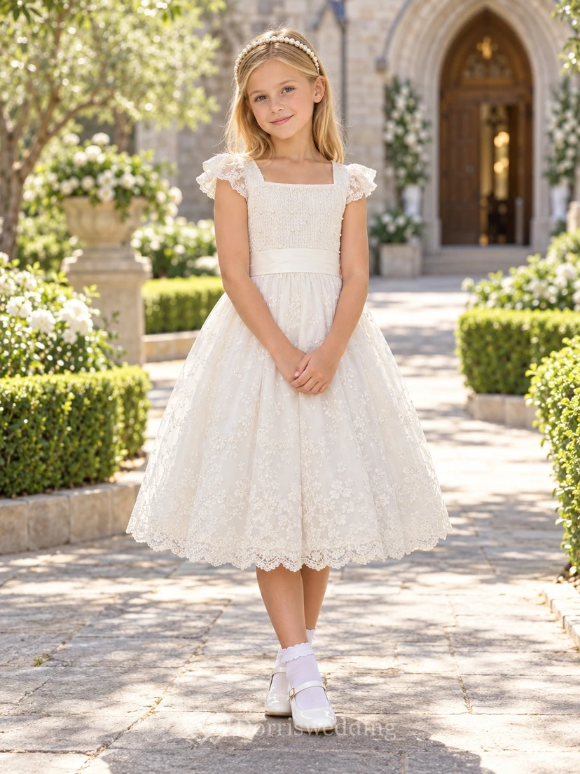 Square Neck Tea-length Ivory Floral Lace Cap First Communion Dress