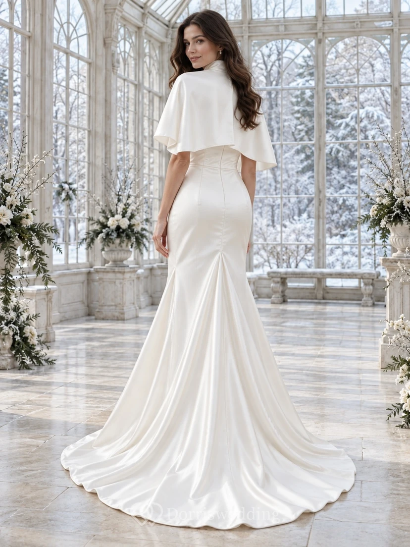 Vestido de novia corto de satén con capa y corpiño tipo capa y cuello alto estilo sirena para invierno view 2