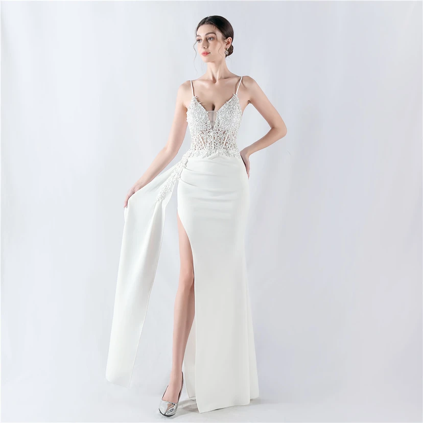 Heavy Hot Diamonds And Flower-Set Waisted Fishbone Satin Evening Dress Annual Meeting Wedding view 3