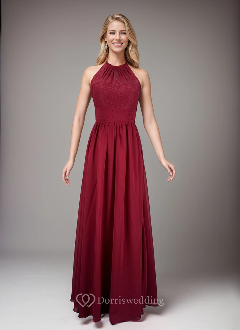 Robe de demoiselle d'honneur rose poudré sans manches en mousseline avec détails en dentelle et dos nu en forme de goutte d'eau video preview