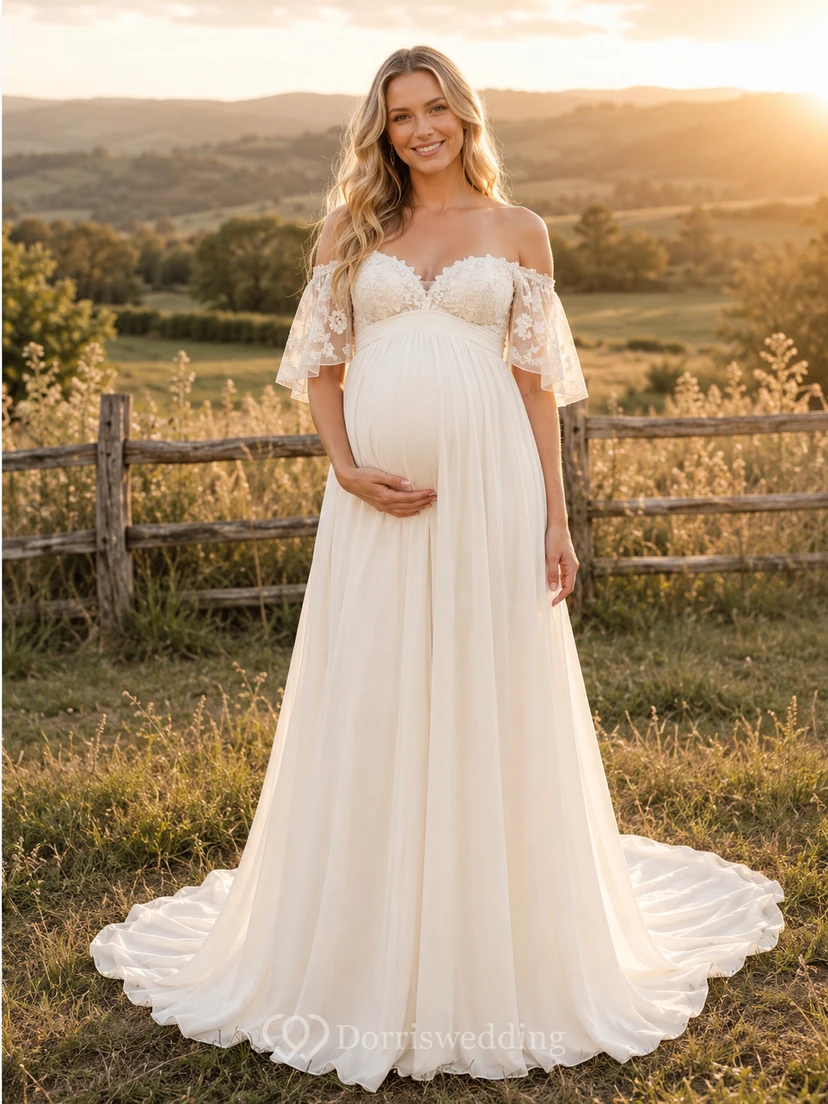 Vestido de novia campestre de gasa y encaje, corte en A, hombros descubiertos, manga corta, cola larga.