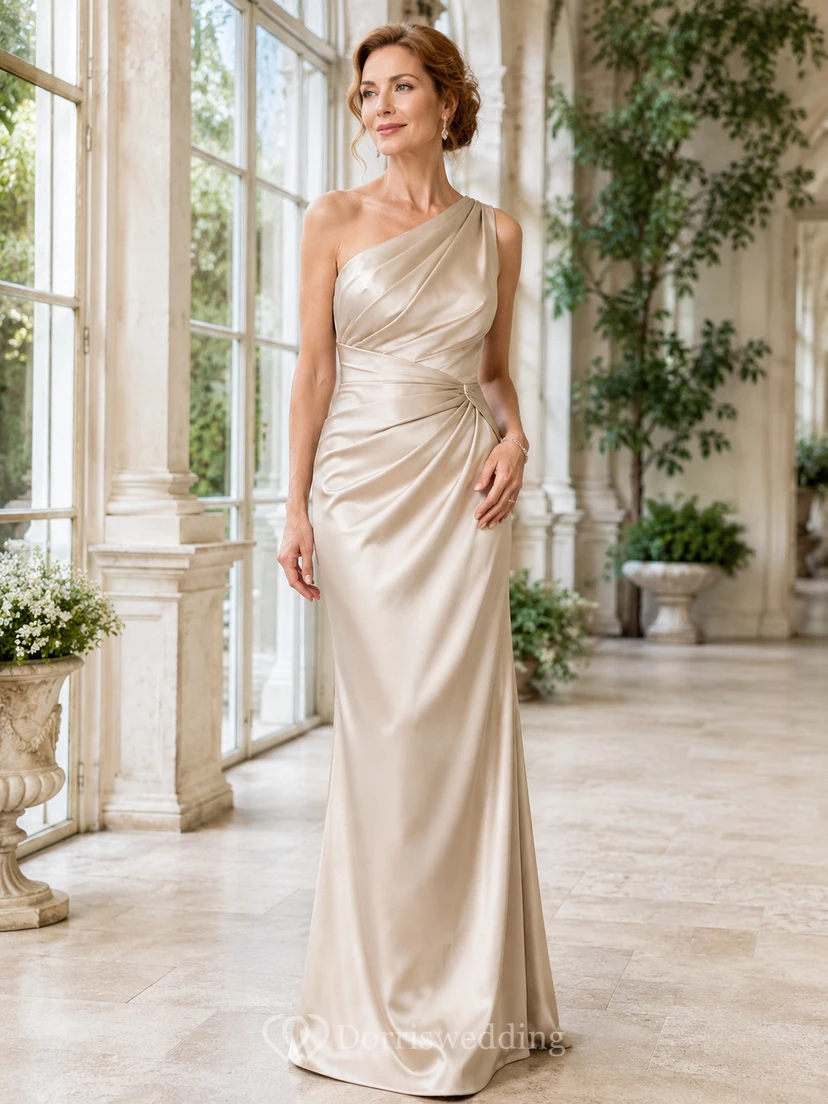 Champagne Modern One-Shoulder Satin Sheath Floor-Length Mother of the Bride Gown with Side Drape