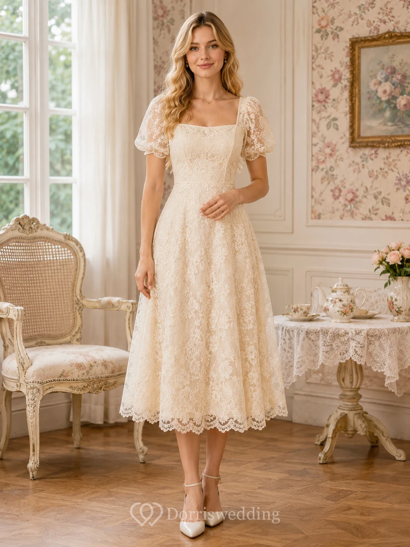 Cream Square Neck Puff Sleeve Lace Tea Room Midi Dress