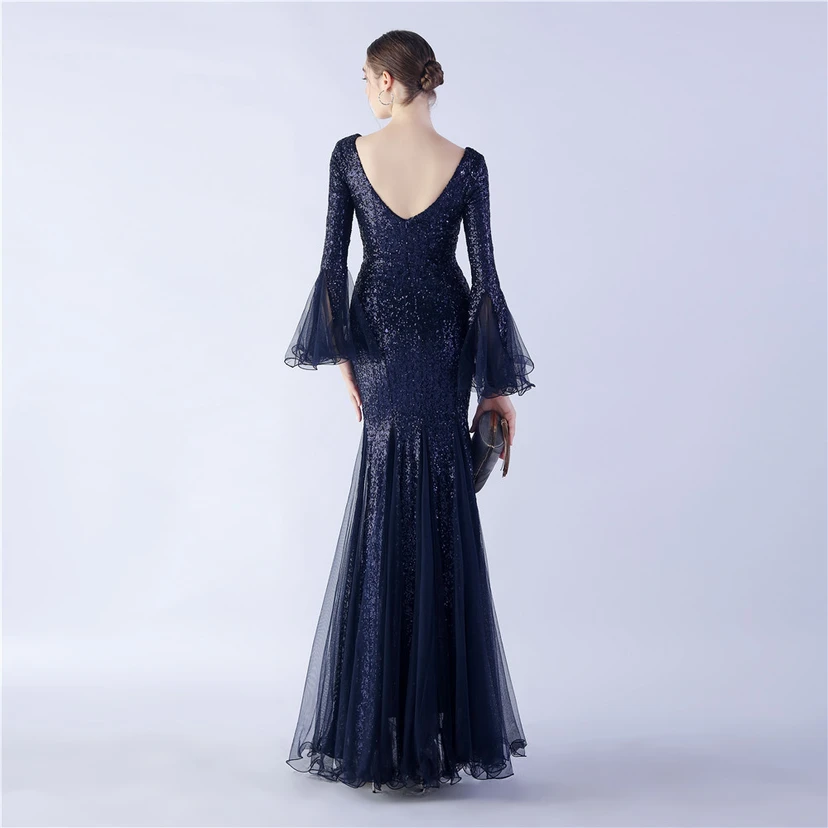 Vestido de noche con lentejuelas, bordado de malla encriptada, estilo artesanal de seda de pez y borde ondulado. view 11