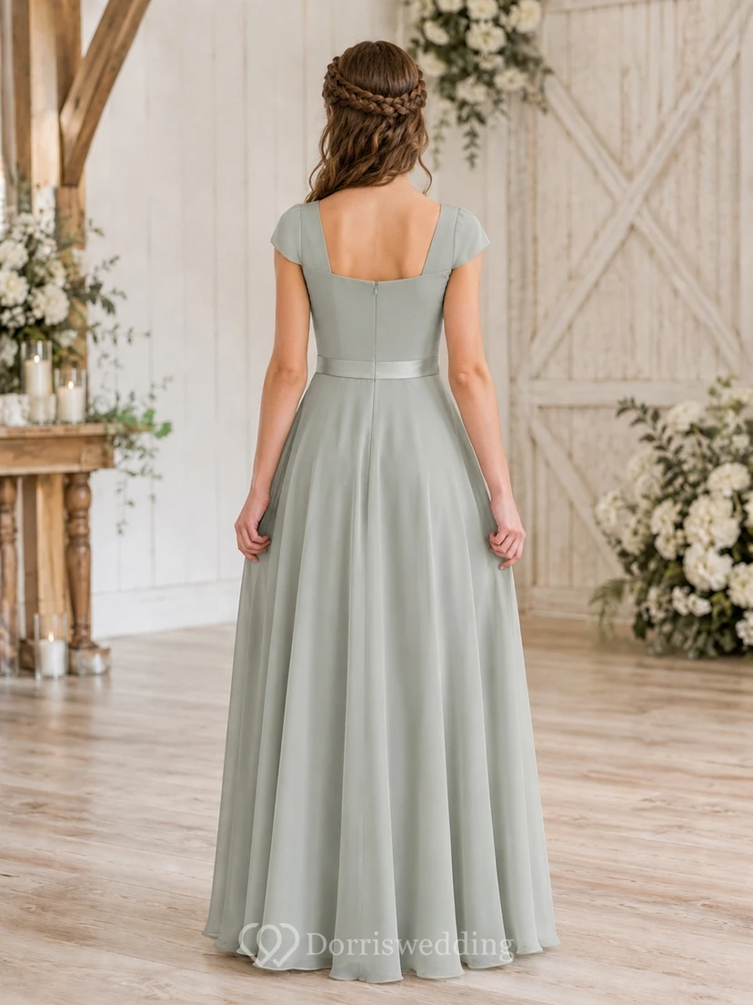 Silber-celadonfarbenes Brautjungfernkleid im A-Linien-Schnitt mit eckigen, kurzen Ärmeln, elegant und formell view 2