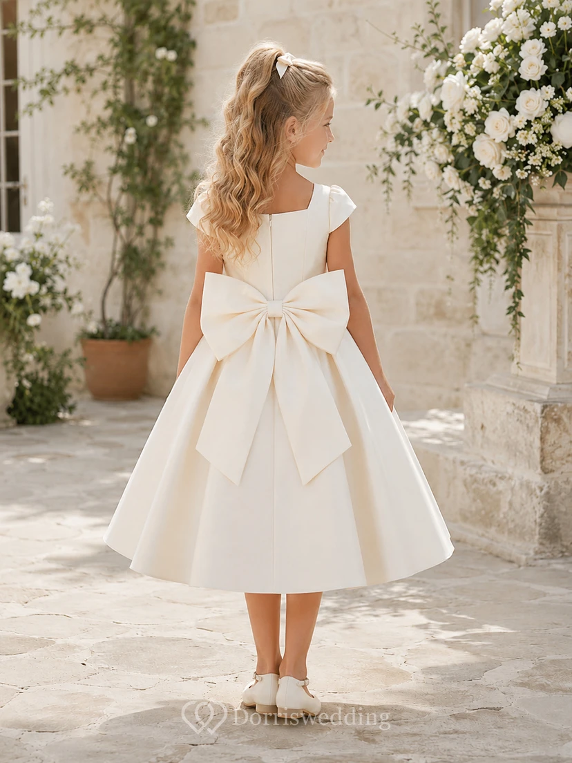 Elegante vestido de niña de las flores con corte en A, escote cuadrado, mangas abullonadas y lazo en la espalda de satén color marfil para la ceremonia. view 2