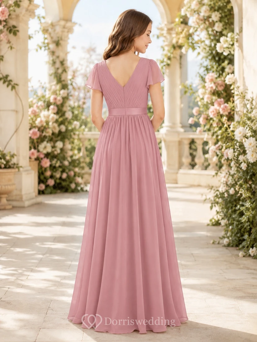 Brautjungfernkleid in Altrosa, A-Linie, V-Ausschnitt, kurze Blütenblattärmel view 2