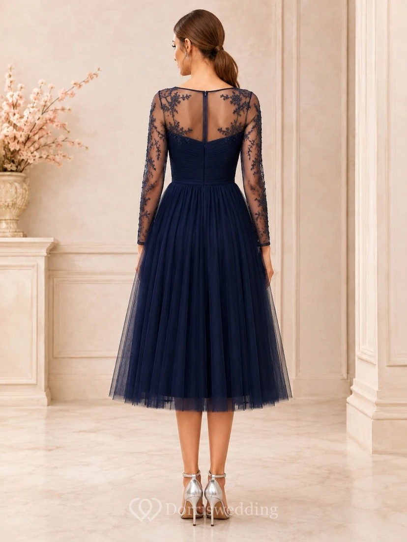 Modest Dark Navy Illusion Long Sleeve Lace Tulle Tea-Length Cocktail Dress view 2