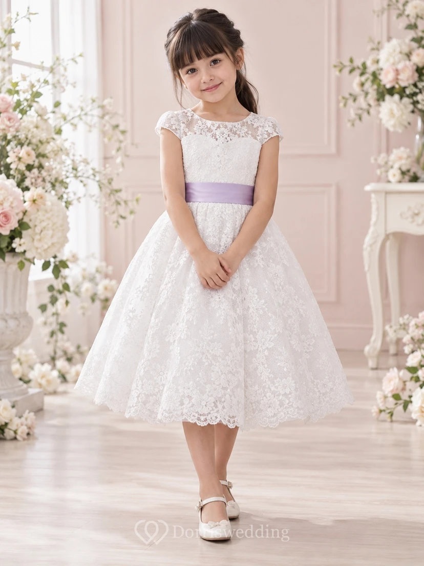 Vestido de niña de flores blanco modesto hasta la rodilla con estampado floral, corte en A, mangas cortas de encaje y fajín lavanda.