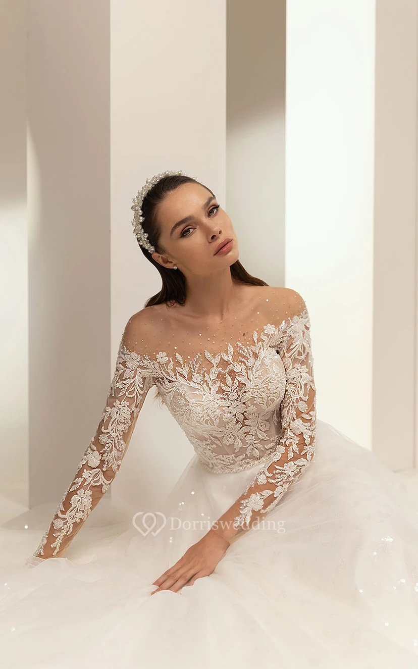 Faritytale Off-the-shoulder A-line Ball Gown Tulle Beaded Long Sleeve Wedding Dress with Applique Top view 4