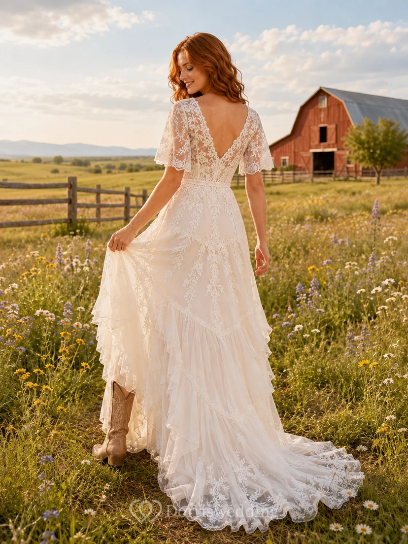 Robe de mariée de maternité à col montant, manches courtes, en dentelle et tulle, style jardin, dos illusion view 2