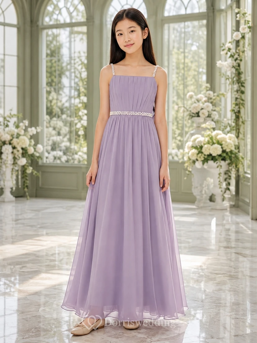Lavendelfarbenes Brautjungfernkleid (A-Linie, Spaghettiträger, ärmellos) mit Perlenstickerei