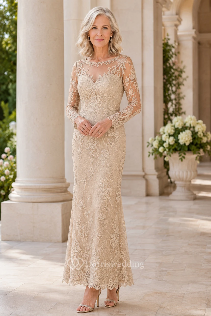 Robe fourreau mi-longue en dentelle illusion champagne pour la mère