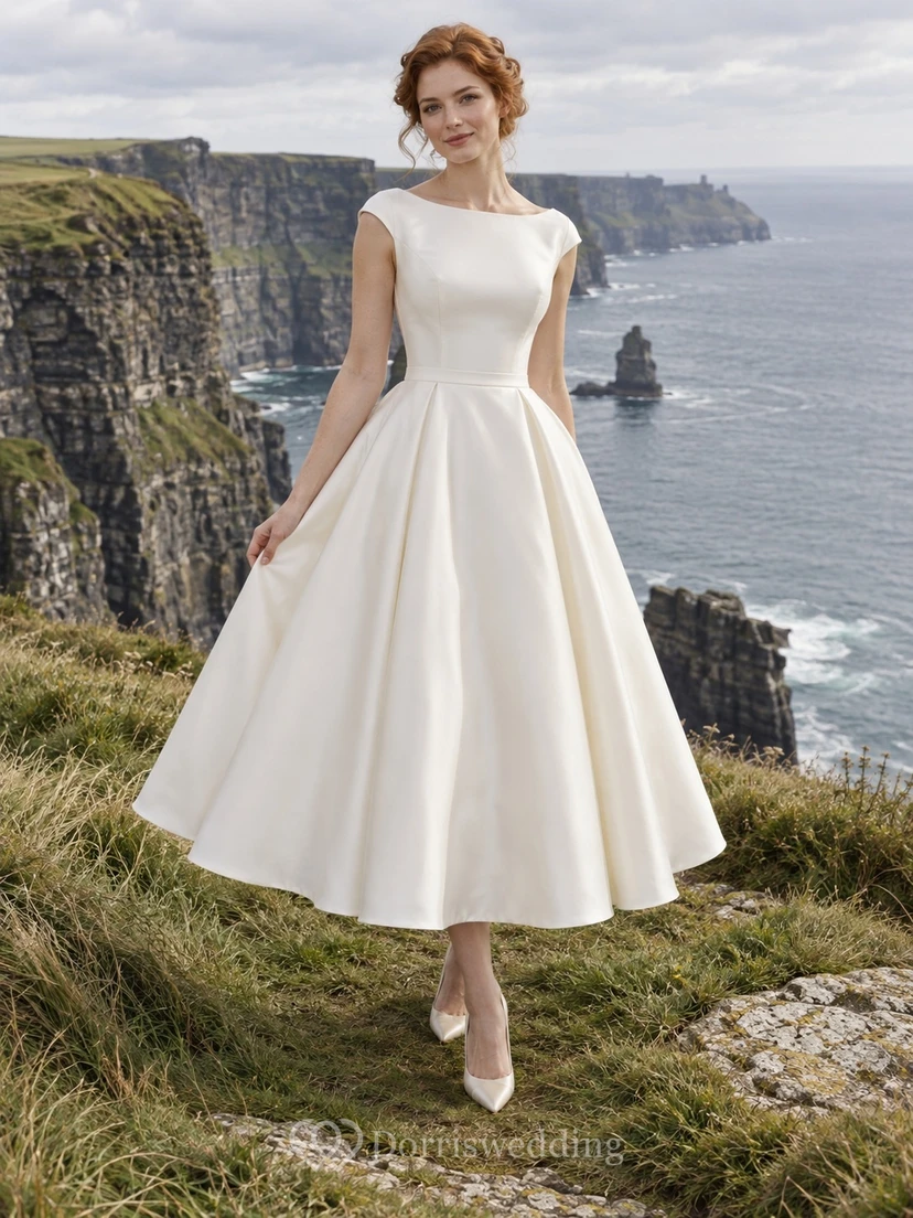 Vestido de novia vintage sencillo de satén mate, corte en A, largo hasta la rodilla, escote barco y manga corta