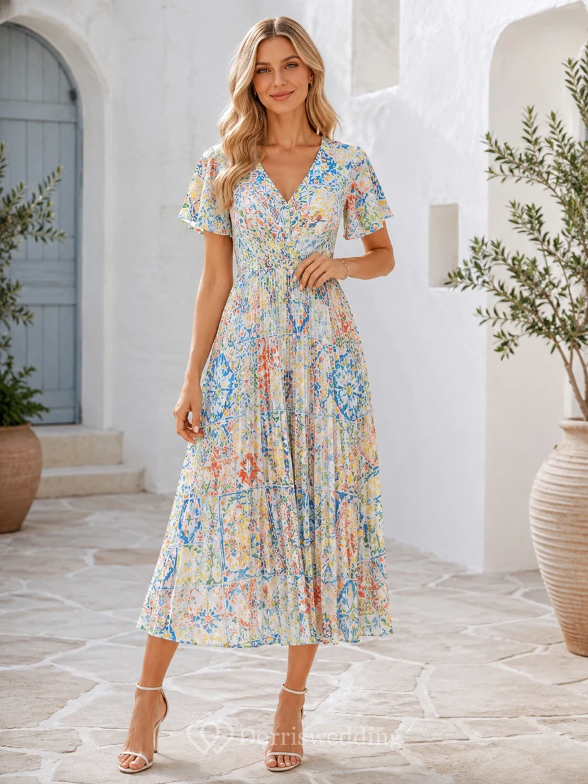 Vestido midi plisado con escote en V y mangas con volantes en mosaico pastel