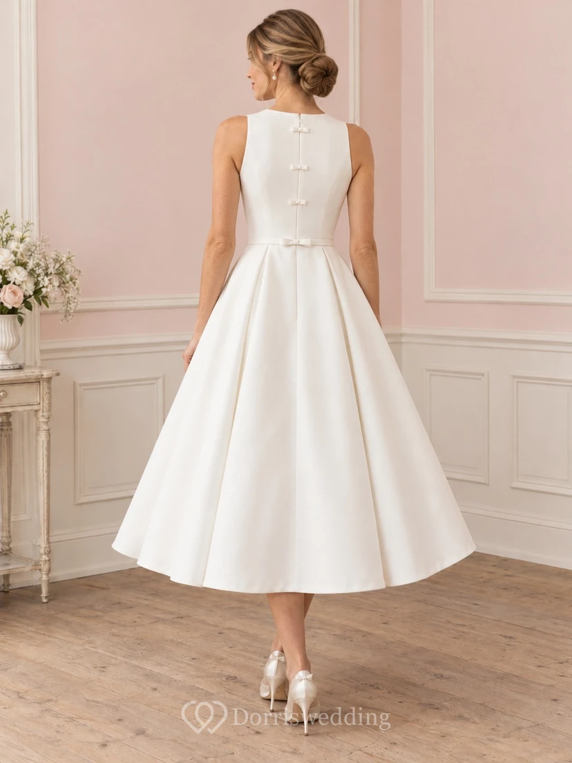 Robe de mariée simple en crêpe plissée, longueur thé, col rond, sans manches, nœud papillon view 2