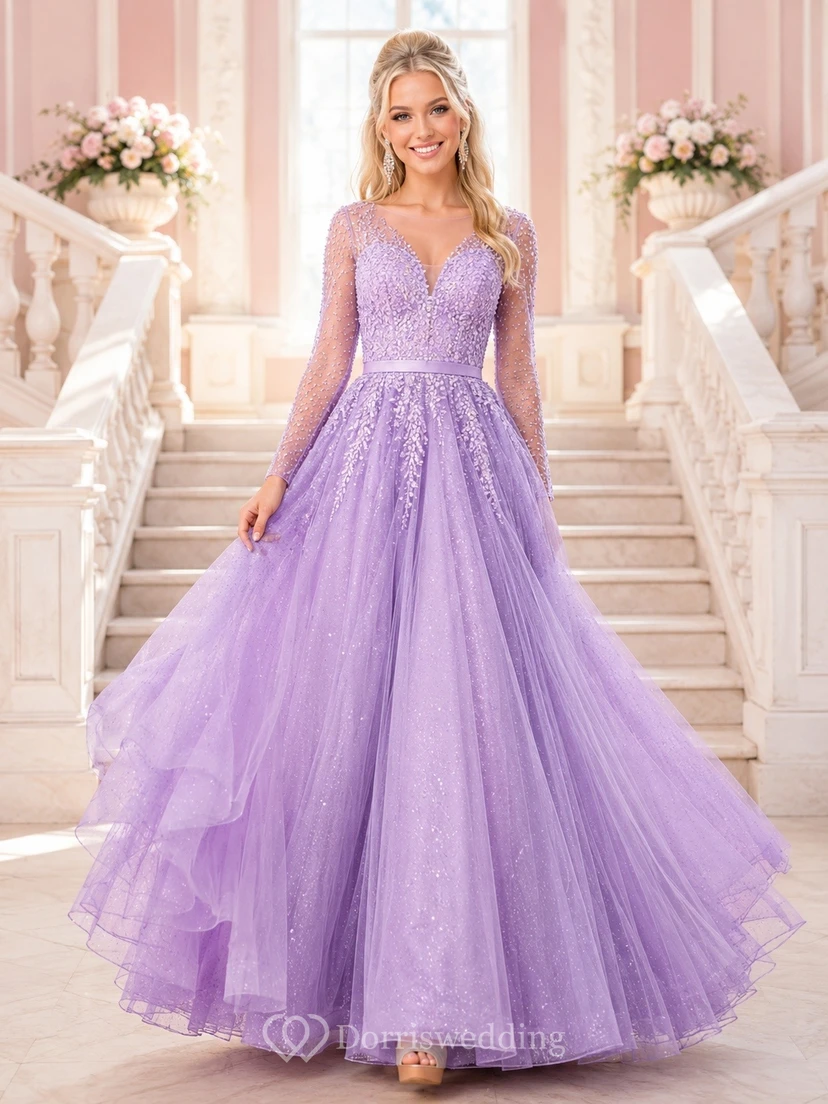 Lavender Square Neck Sleeveless Layered Tulle Ball Gown Pageant Dress