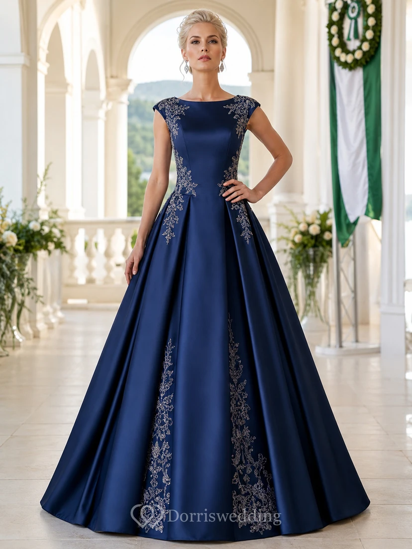 Elegantes, dunkelblaues Satin-Ballkleid in Bodenlänge mit U-Boot-Ausschnitt und kurzen Ärmeln