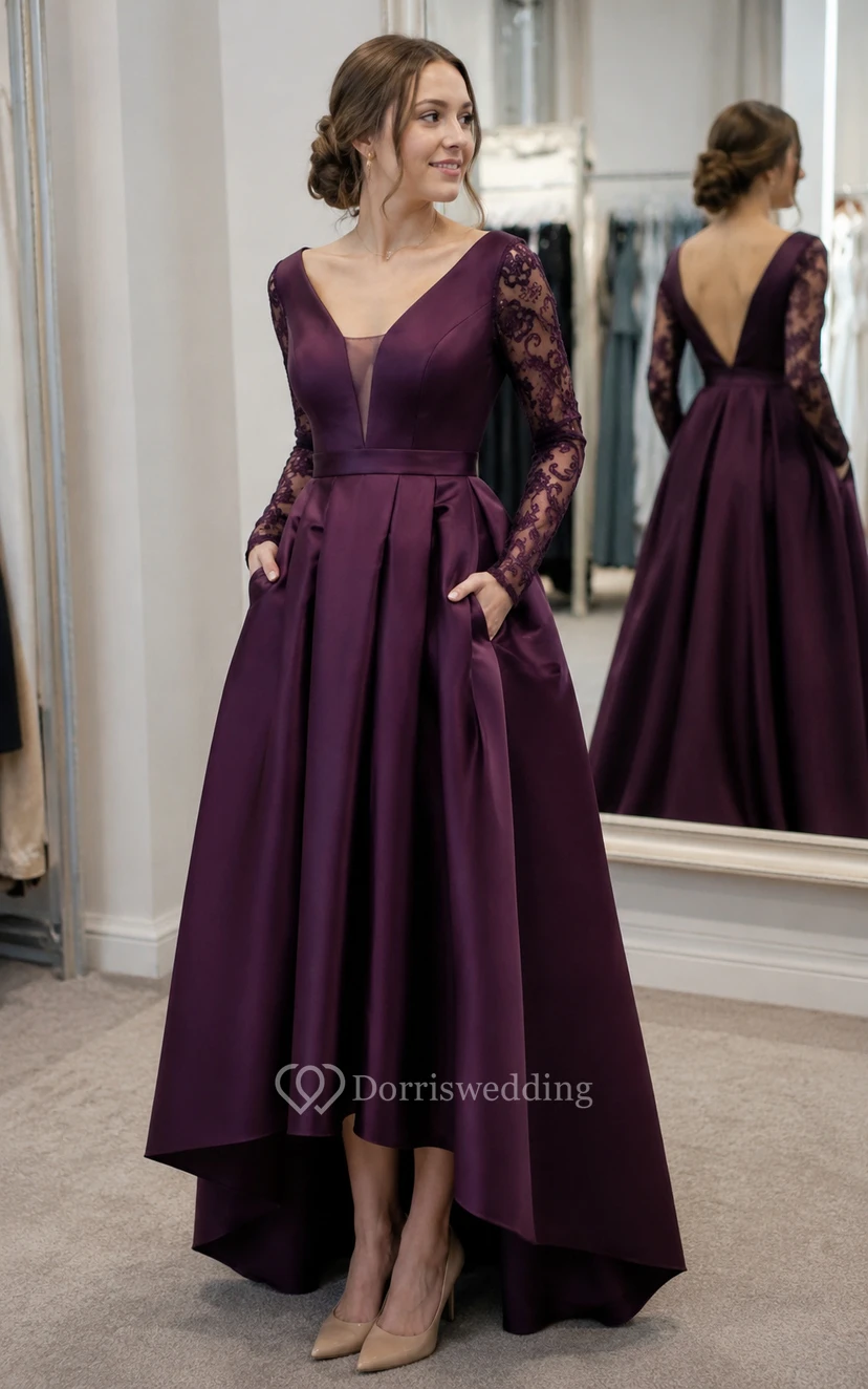 Schwarzes, asymmetrisches Satin-Abendkleid mit V-Ausschnitt und Spitzenärmeln view 8