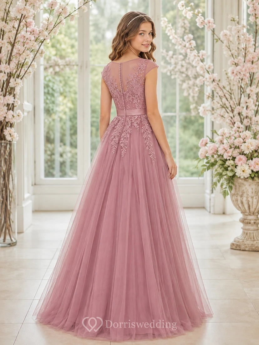 Vintage-Brautjungfernkleid in Mauve, A-Linie, herzförmiger Schnitt, kurze Ärmel, Spitze, elegant view 2