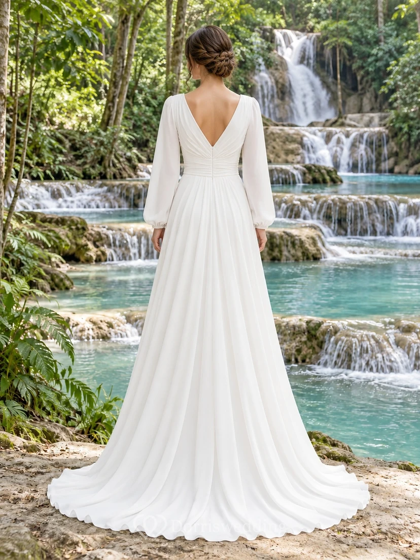 Simple V-Neck Long Poet Sleeve Flowing A-Line Sweep Train Wedding Dress view 2