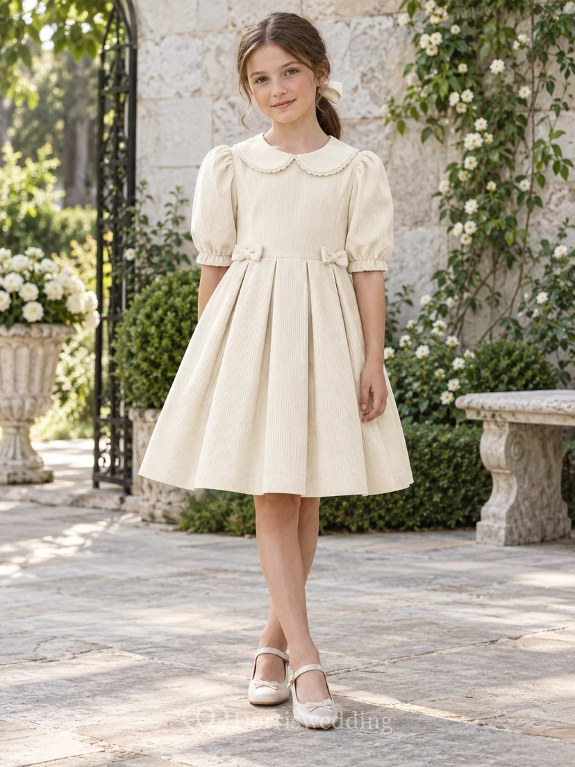 Vintage Ivory Peter Pan Collar Puff Sleeve Pleated Flower Girl Dress