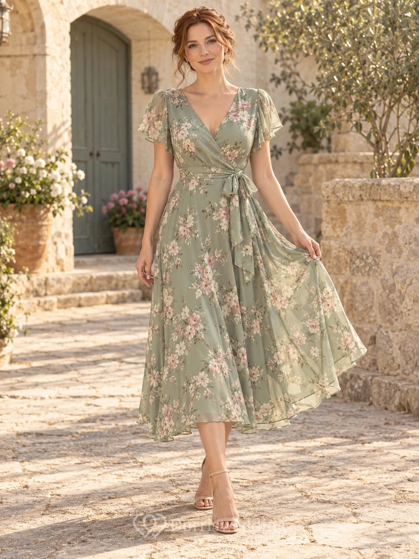 Vestido de fiesta de gasa color verde salvia vintage con escote en V y mangas con volantes, largo hasta la rodilla, para invitada de boda.