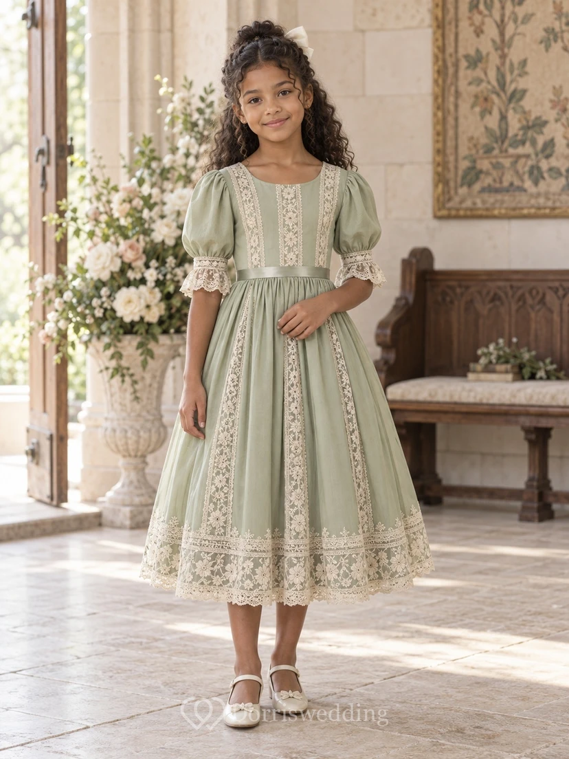 Tea-length Vintage Sage A-Line Lace Puff-Sleeve Inset-Panels Lace-Cuffs Flowergirl Dress