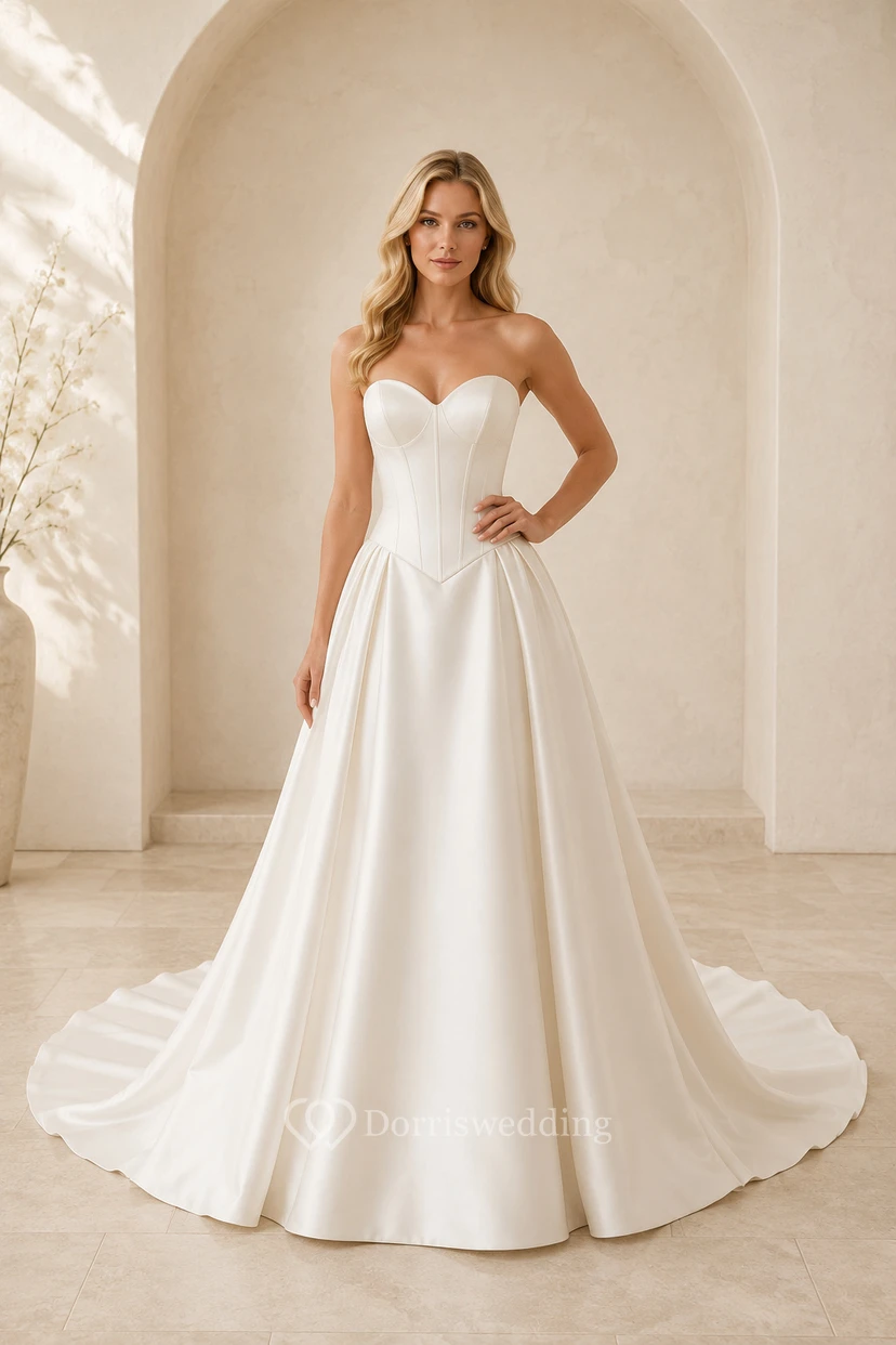 Trägerloses A-Linien-Brautkleid aus Satin mit Korsett-Oberteil