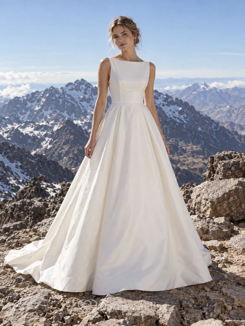 Vestido de novia sencillo de satén con escote barco, sin mangas, corte en A, cintura fruncida y espalda baja.