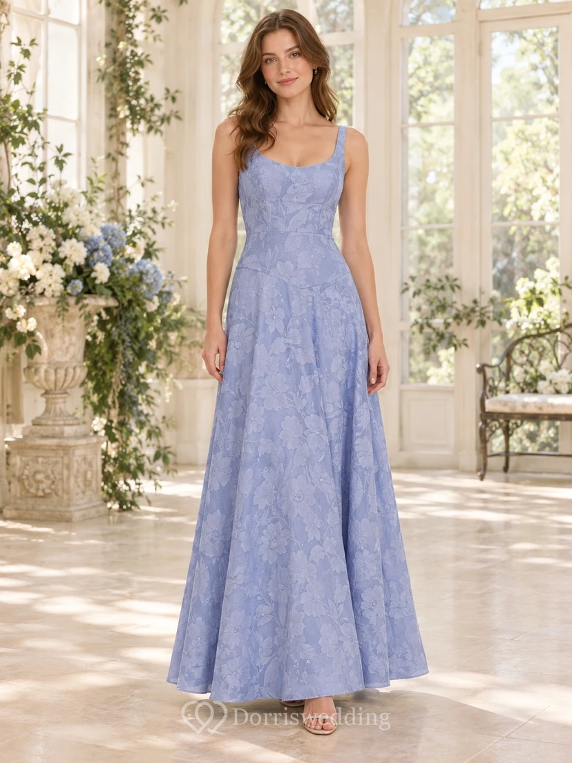 Romantisches Brautjungfernkleid in Periwinkle mit floralem Jacquardmuster, Rundhalsausschnitt, V-Taille, A-Linie und bodenlang