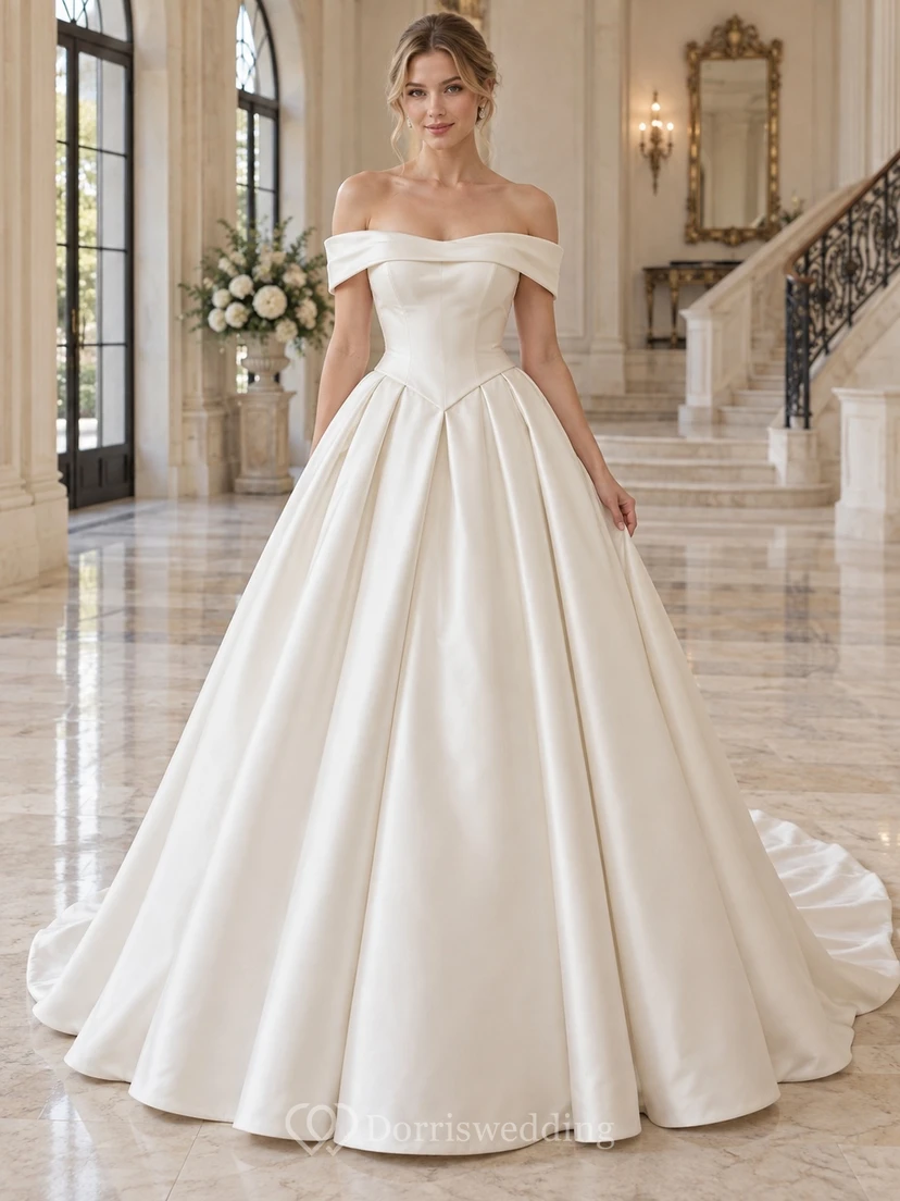 Einfaches, bodenlanges Brautkleid aus Satin mit breiten Falten, schulterfrei, kurzen Ärmeln und Falten
