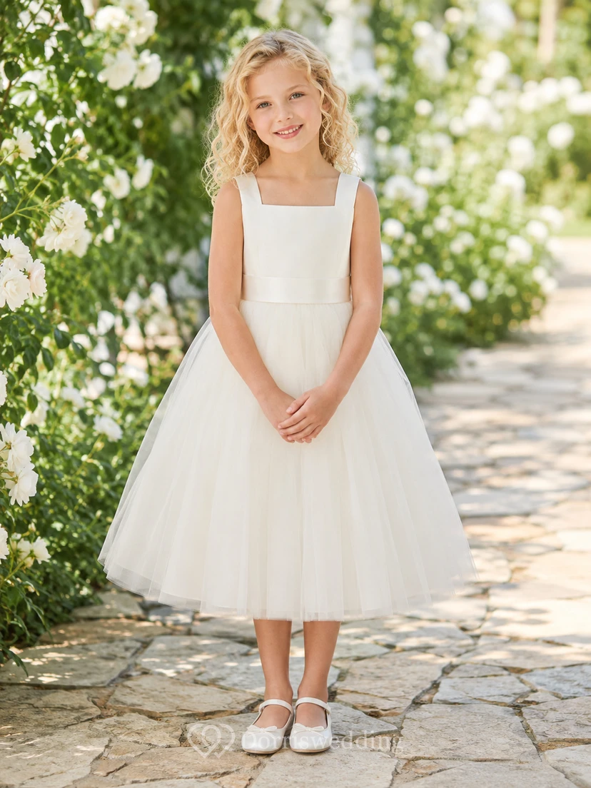 Square Neck Sleeveless Tea-Length A-Line Flower Girl Garden Wedding Tulle Dress With Bow