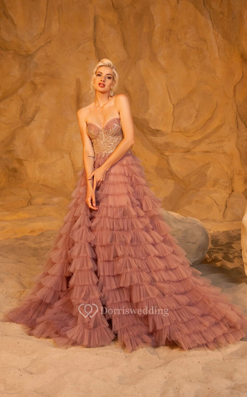 Sweetheart Watermelon A-line Ball Gown Empire Tiered Ruffled Prom Dress