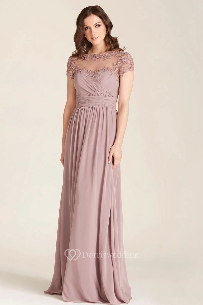 Appliqued Bateau Neck Illusion Sleeve Chiffon Bridesmaid Dress