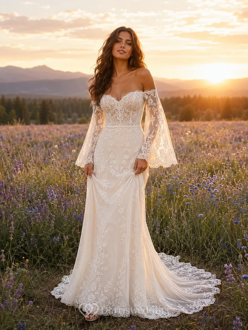 Boho-Meerjungfrauen-Hochzeitskleid aus Spitze mit schulterfreiem Kleid, Glockenärmeln
