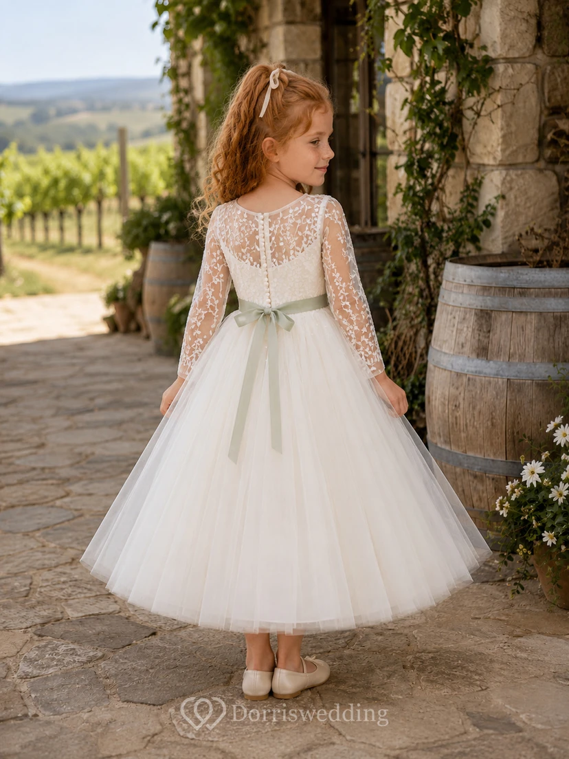 Ivory Tea-Length Ball Gown Flower Girl Dress with Long Lace Sleeves, Scoop Neck, Sage Bow and Button Back view 2