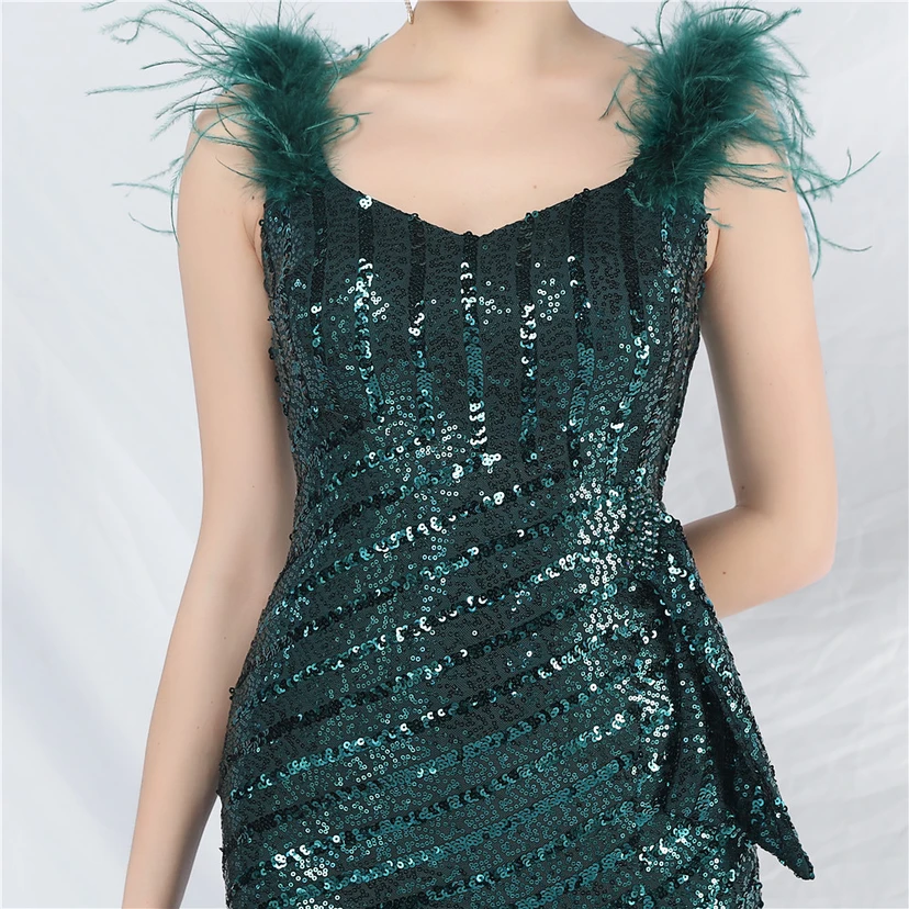 Evening Dress Craft Beaded Ostrich Feather Sequined Side Slit Evening Dress view 35