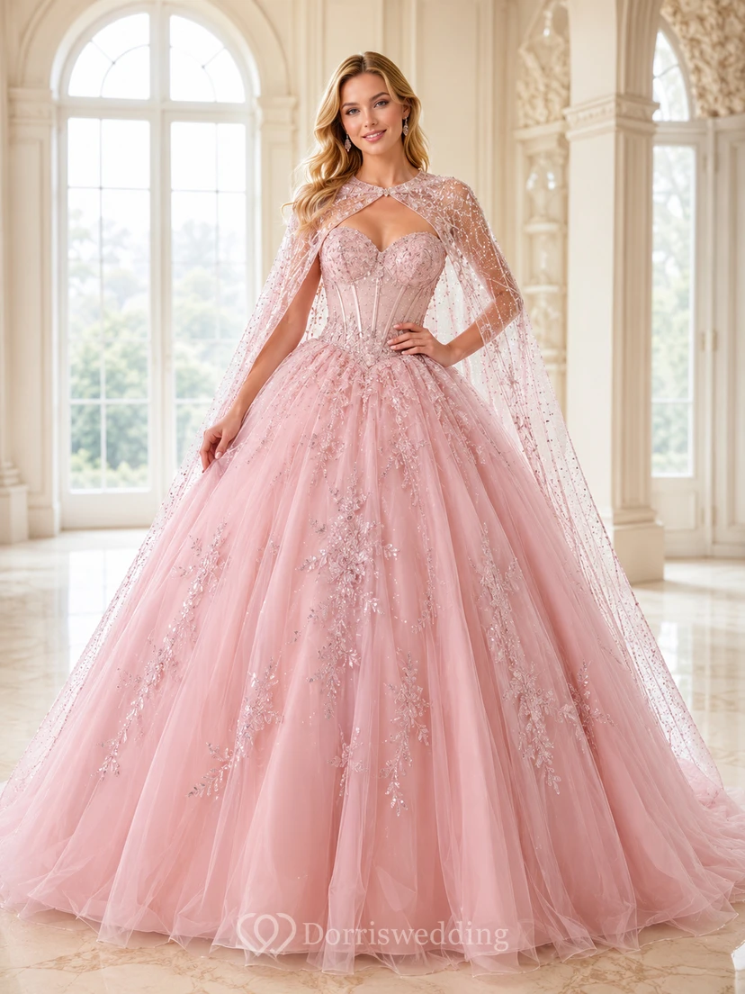 Blushing Pink Luxury Removable Crystal Cape Beaded Tulle Quinceanera Princess Ball Gown