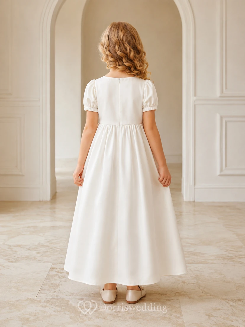 Blumenmädchenkleid Champagnerfarbener Satin A-Linie Puffärmel Rundhalsausschnitt Teelänge view 2