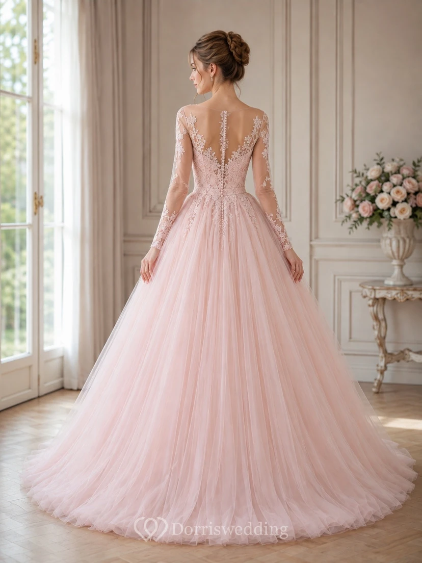 Blushing Pink Long Sleeve Lace Tulle Sweep Train Prom Gown view 2