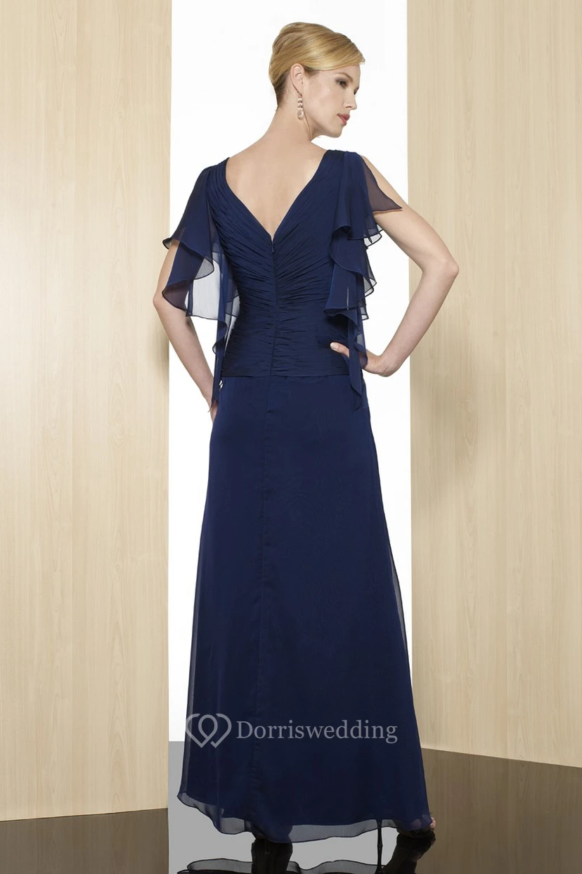 Sheath Ankle-Length Broach V-Neck Poet-Short-Sleeve Chiffon Formal Dress With Low-V Back And Ruching view 2