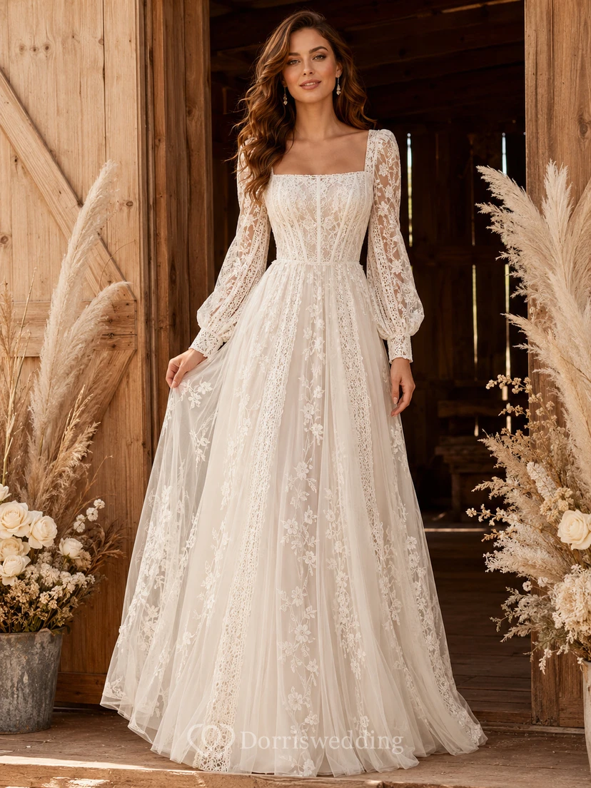 Rustic Square Neck Long Illusion Lace Sleeve A Line Sweep Wedding Gown