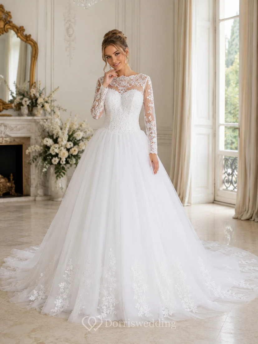 A-Line Ball Gown Long Sleeve Cathedral Train Tulle Lace Satin Dress