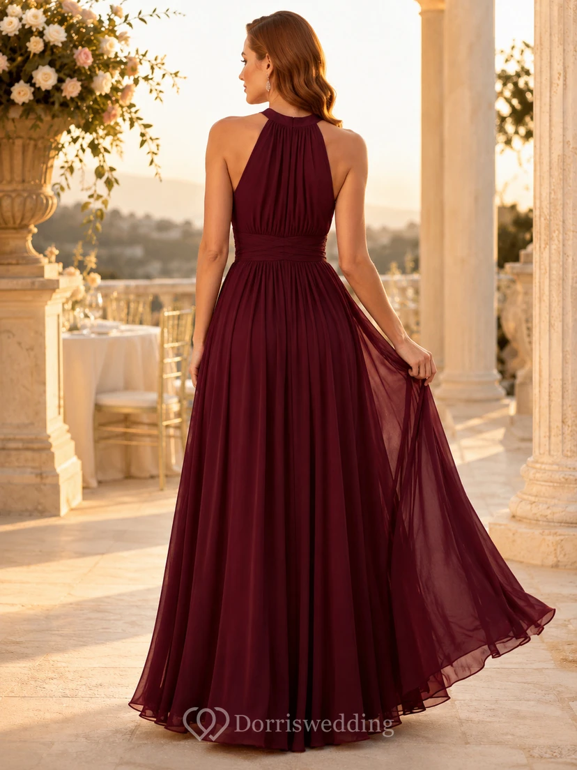 Burgundy Black Tie Wedding Guest Bridesmaid Evening Formal Dress A-Line Floor-Length Halter High Neck Sleeveless Chiffon Pleated Backless Strappy Back view 2