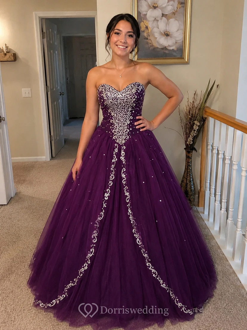 Ball Gown Long Sweetheart Sleeveless Bell Beading Appliques Lace-Up Back Tulle Lace Dress view 8