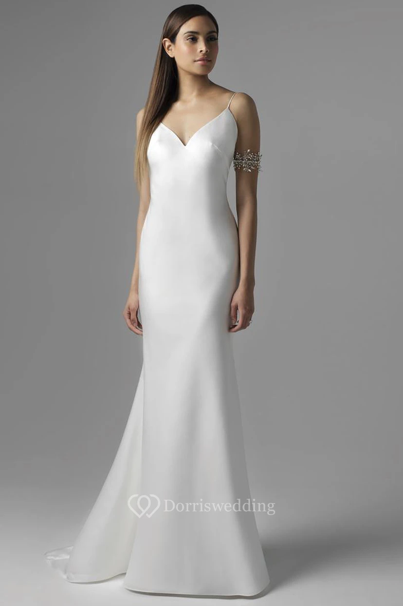 Sheath Spaghetti Maxi Sleeveless Satin Wedding Dress With Court Train And Backless Style