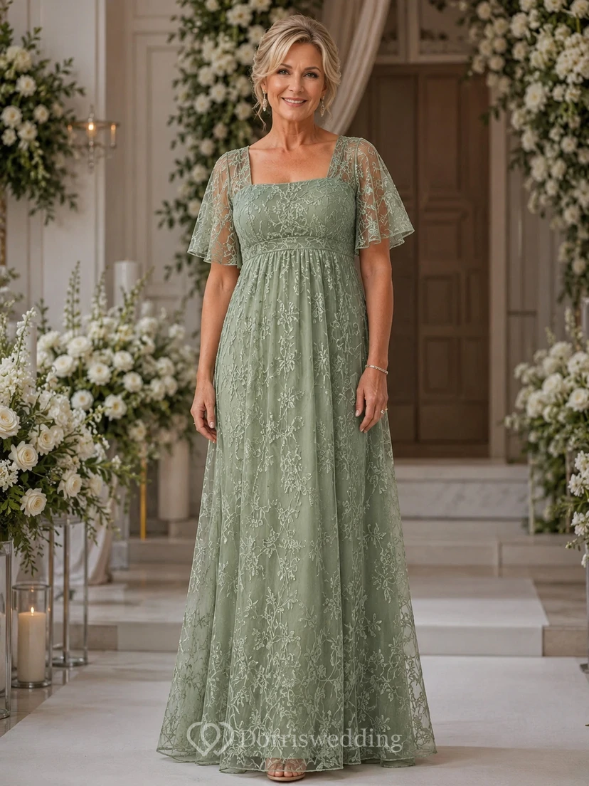 A-Line Scoop Short Sleeve Lace Mother Dress with Lace