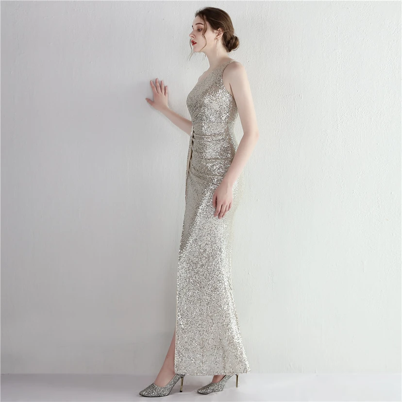 Sequined One-Shoulder Celebrity Cold Banquet Slit Long Sequin Aura Queen Dinner Fishtail Dress view 57